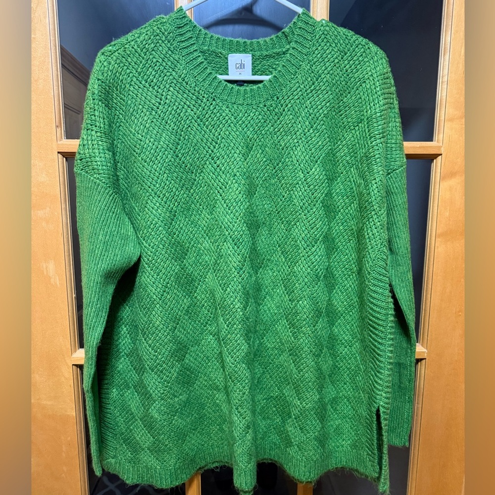 NWOT CAbi Vibrant Green Diamond Knit Crewneck Sweater